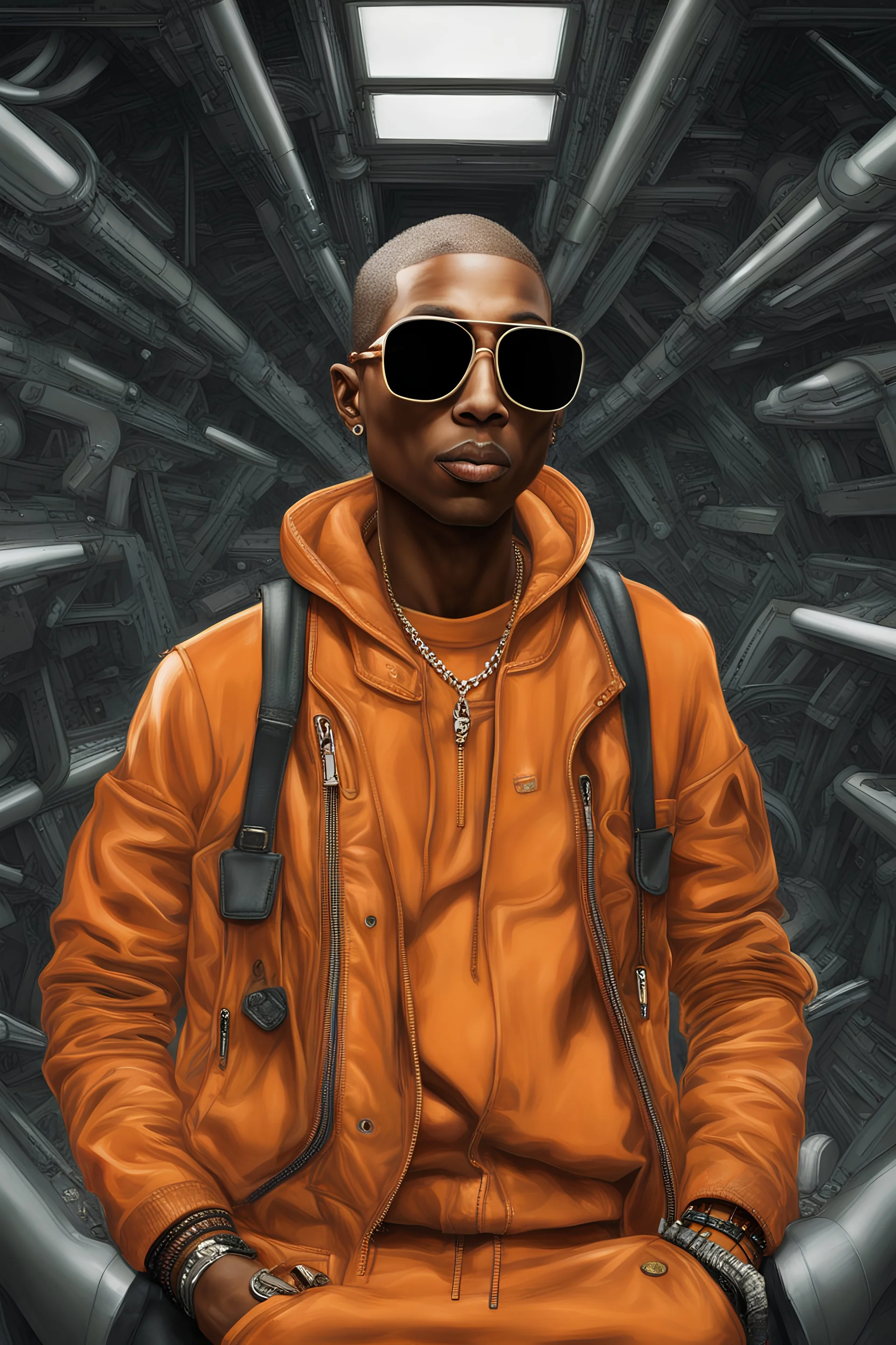 Pharrell Williams dressing in orange, cyberpunk, ultra realistic