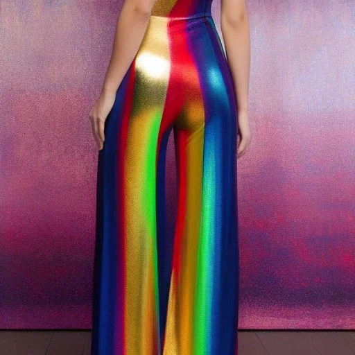 Full body portrait, painting, medium shot lady rainbow striped metallic clothing