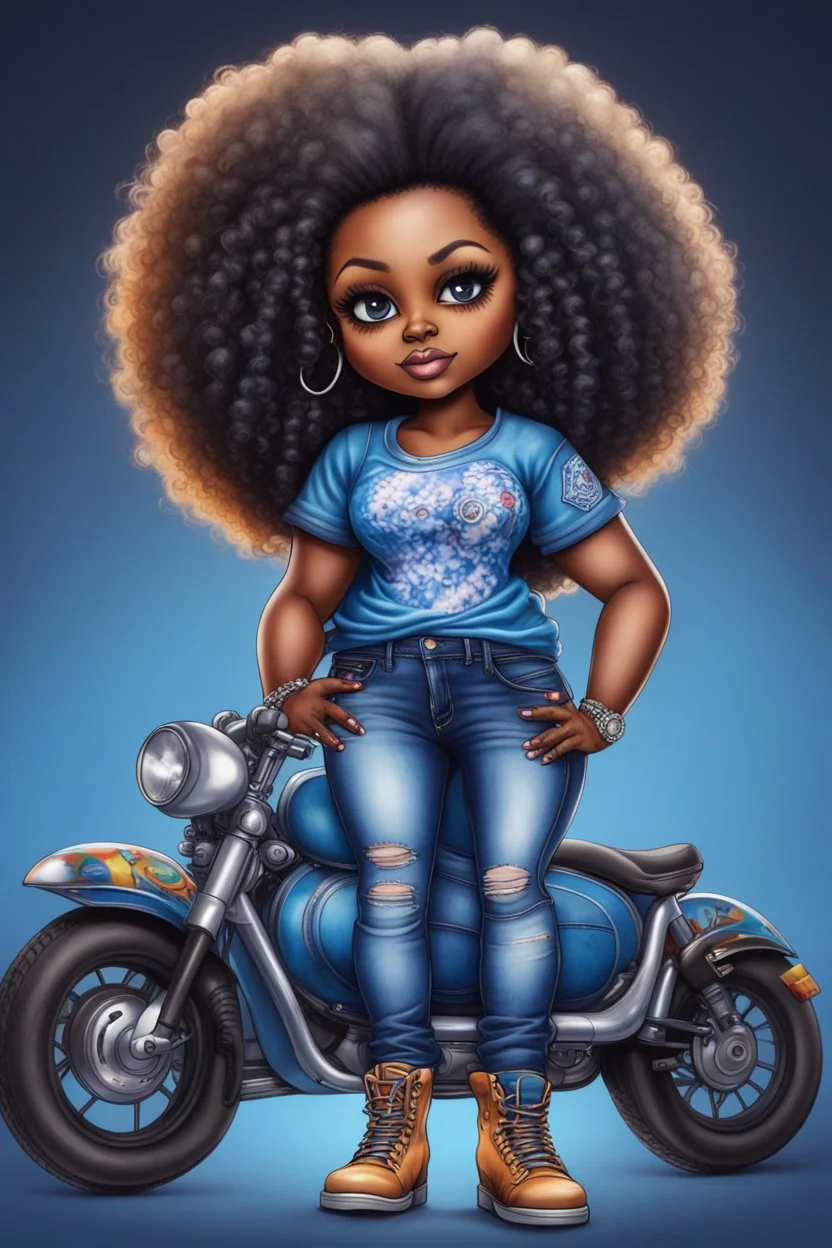 create an airbrush illustration of a chibi cartoon voluptuous black female wearing a blue jean outfit with a tie dye tshirt with biker boots. Prominent make up with hazel eyes. Extremely highly detail of a tight curly black and shiny afro. Background of a bike show