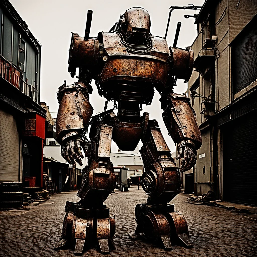 trash mech suit, human-sized, made of scrap metal, small, round dome head