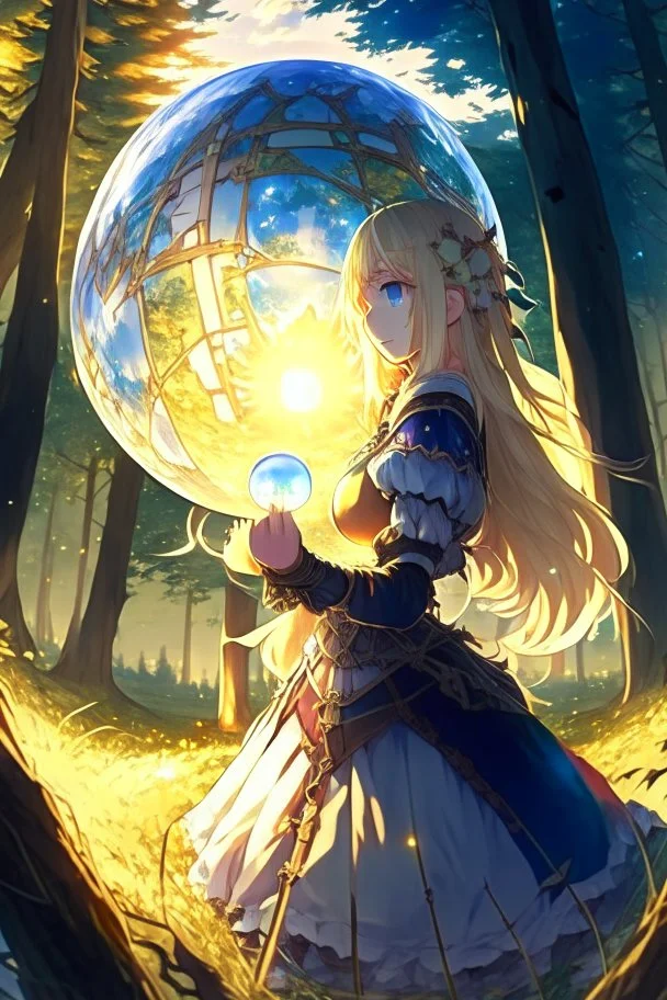 Anime, blonde girl in medieval clothing in large field in the middle of the forest with a globe of light next to her, HD, extreme detail