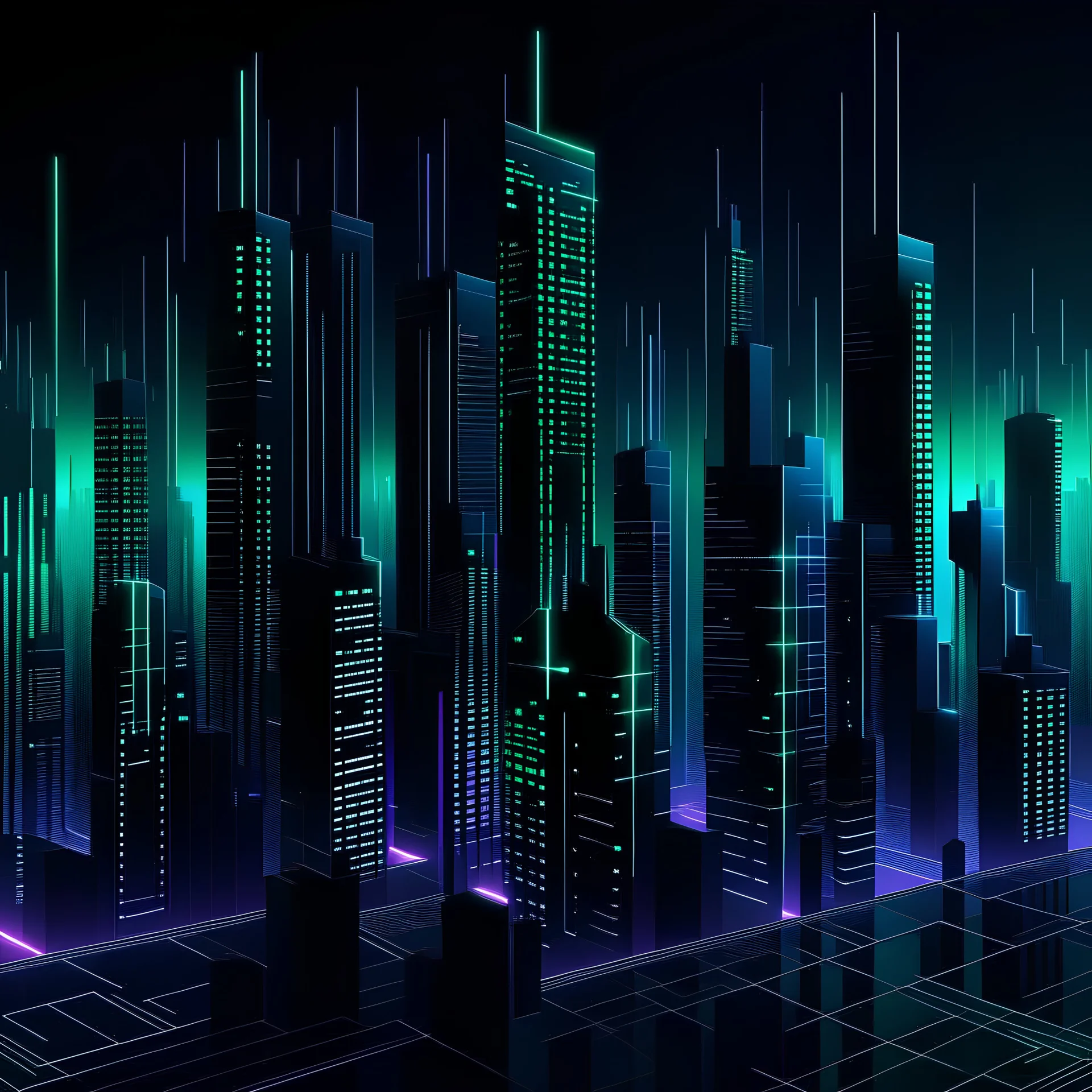 Digital illustration of a minimalist and digital city with a dark background, colors are black, light blue and light green, and purple.