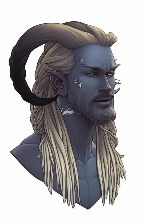 A tieffelin with blue skin and white Dreadlock hair. His pupil-less eyes are green. He wears a small beard.