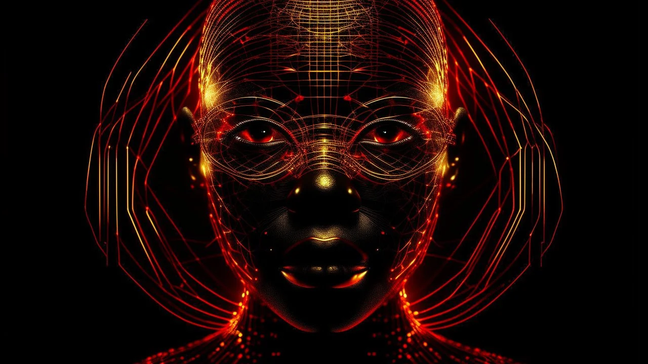 In an abstract and minimalist world, Minimalist portrait: a silhouette of an African face outlined in red and golden lines and dots, with futuristic glasses or holographic elements subtly glowing around her eyes. The background is deep darkness, and the composition is dominated by the glow of the golden elements.