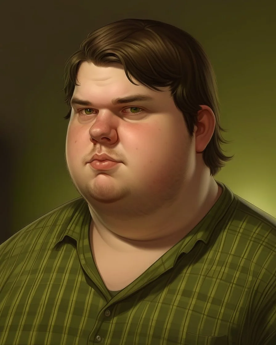 Portrait d'un jeune homme, ultra obèse; cheveux bruns et teint blanc, porte une chemise à carreaux de couleur vert olive. HD portrait, Artstation