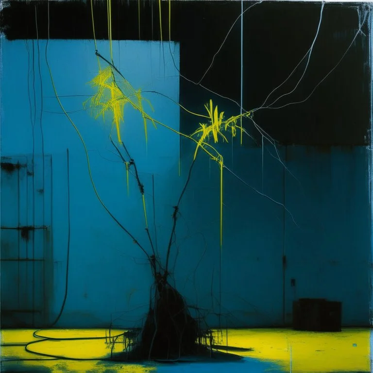 Minimal abstract oil painting of a blue neon plant in concrete warehouse brutalist architecture and hanging wires illuminated at night. With triadic yellow colours. In the style of Justin Mortimer and Phil Hale, Ashley Wood