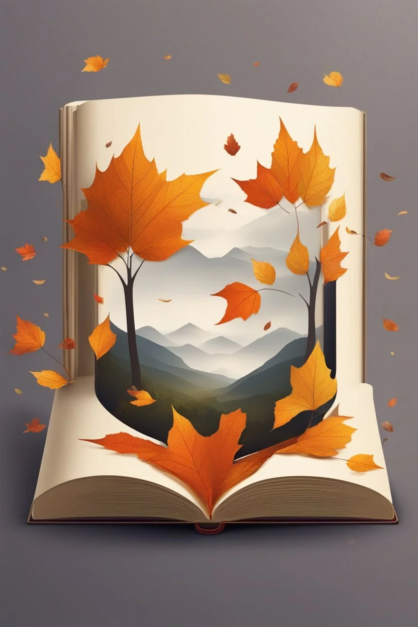 square logo , landscape with leaf fall, flying leaves in the book