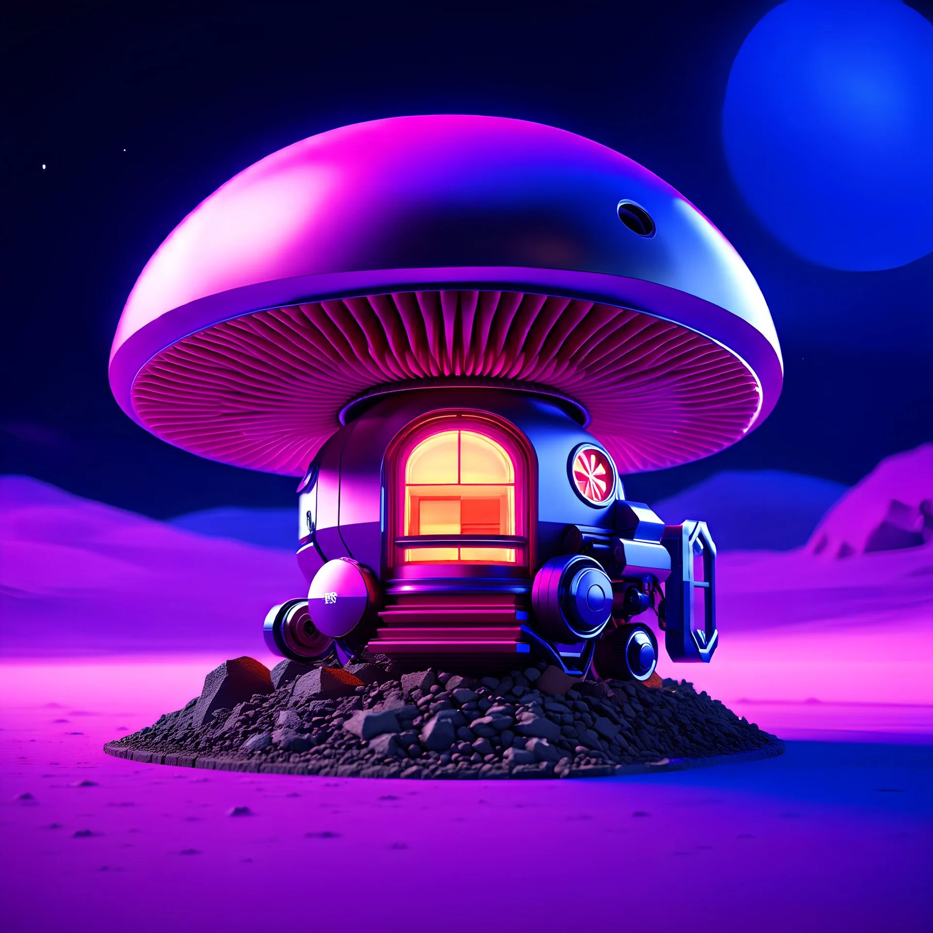 ""Futuristic purple, magenta, and silver mushroom house" "intricate mech details, ground level shot, 8K resolution, Cinema 4D, Behance HD, polished metal, Unreal Engine 5, rendered in Blender, sci-fi, futuristic, trending on Artstation, epic, cinematic space space background, dramatic, atmospheric"