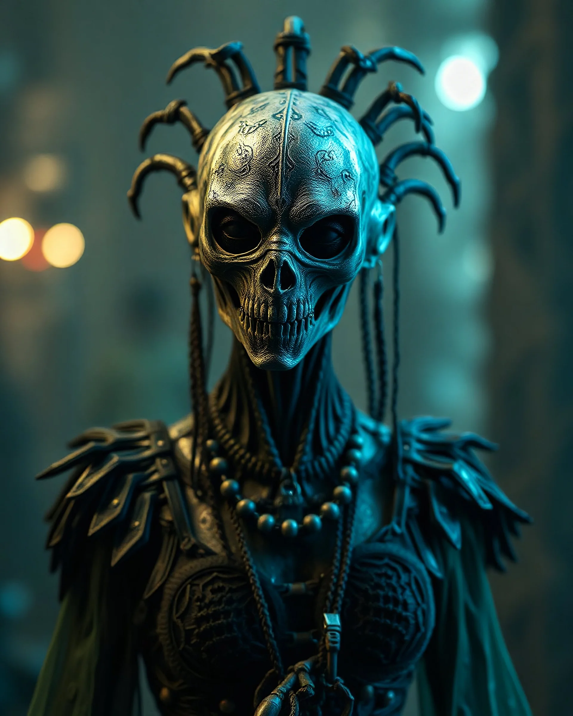 movie quality render of a myhtical stranger, creepy, confusing blurred background, finely detailed half-mask and voodoo dress, voodoo accessories, intricate design, small details, unreal engine 5, ultra-detailed, highest detail quality, ultra-realistic, waist length body shot, H R Giger, Todd McFarlane, Charles Vess, vivid-cyan lighting, dark, photorealistic, cinematic, octane rendering, 8k, depth of field, real shadow, vfx post-production, rtx ray tracing lighting --no mutation, long neck, lim