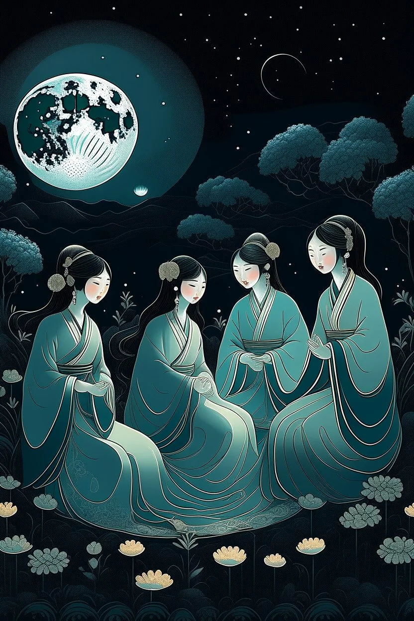 "Create an evocative AI art piece depicting natural moonlit nightwives, inspired by folklore. Illustrate ethereal women in traditional attire, engaged in quiet activities under the soft glow of the moon. Infuse an air of mystique and nostalgic