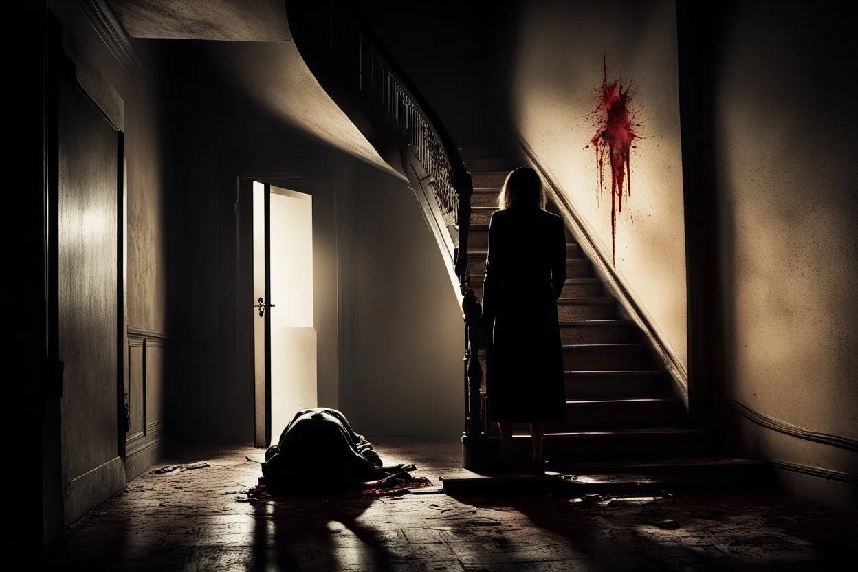 a broken, bloody, torn, beaten woman lies at the bottom of a dirty staircase. At the top of the stairs stands the silhouette of a massive man, behind him a small light leaks through an open door, dramatic, gloomy atmosphere, sad, weird, dark colors, cinematic, realistic picture