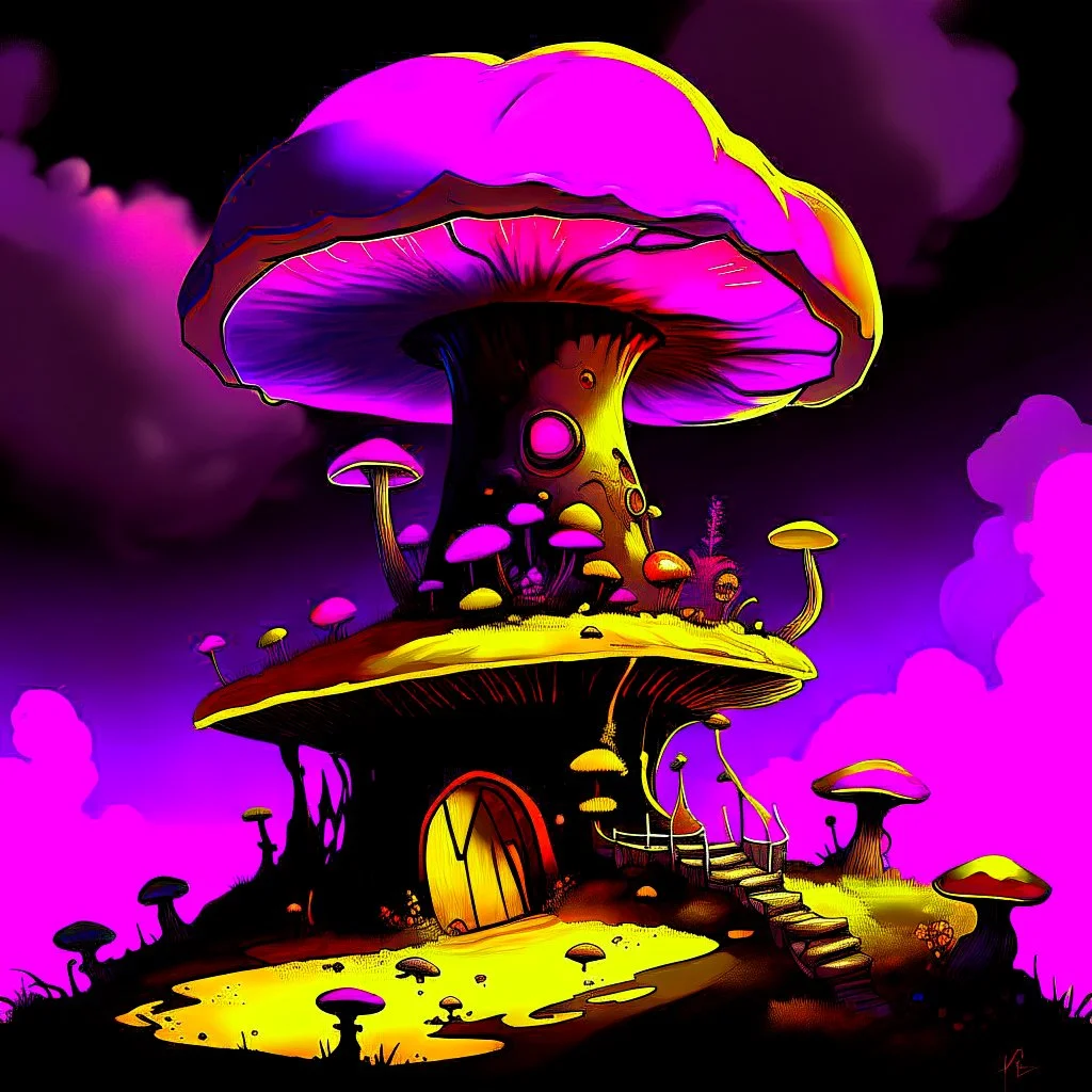 A fantabulous black, magenta and yellow (((mushroom tower house))) erected atop a (geologic pillar), surrounded by the uncanny imaginative ((( swirling skies))), offset by the stark hues of a (neon-tinged nebulous space scape), within. captured by the hand a skilled master painter with a focus on (softly blurred compositions and voluminous lighting).