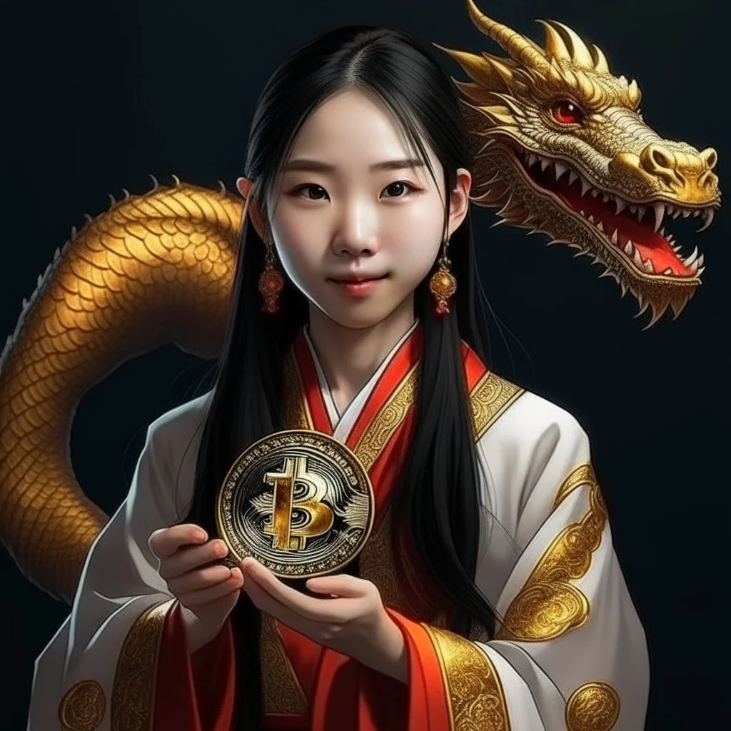 Bitcoin cryptocurrency in the hands of a traditional chinese girl, dragon