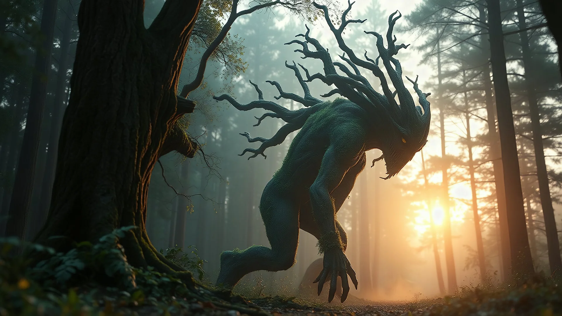 photoreal ultra realistic full body shot of the forever forward walking masked gargantuan mossy muscular melting radiating godlike translucent alien sylvan tree warrior morphing and changing to bark and moss while walking from the forest glade at glowing dawn, otherworldly creature, in the style of fantasy movies, photorealistic, bokeh masterpiece smooth shading, ultra detailed, high resolution, cinematic, unreal 6, subtle shadows, octane render, 8k, cinema 4d, HDR, dust effect, vivid colors