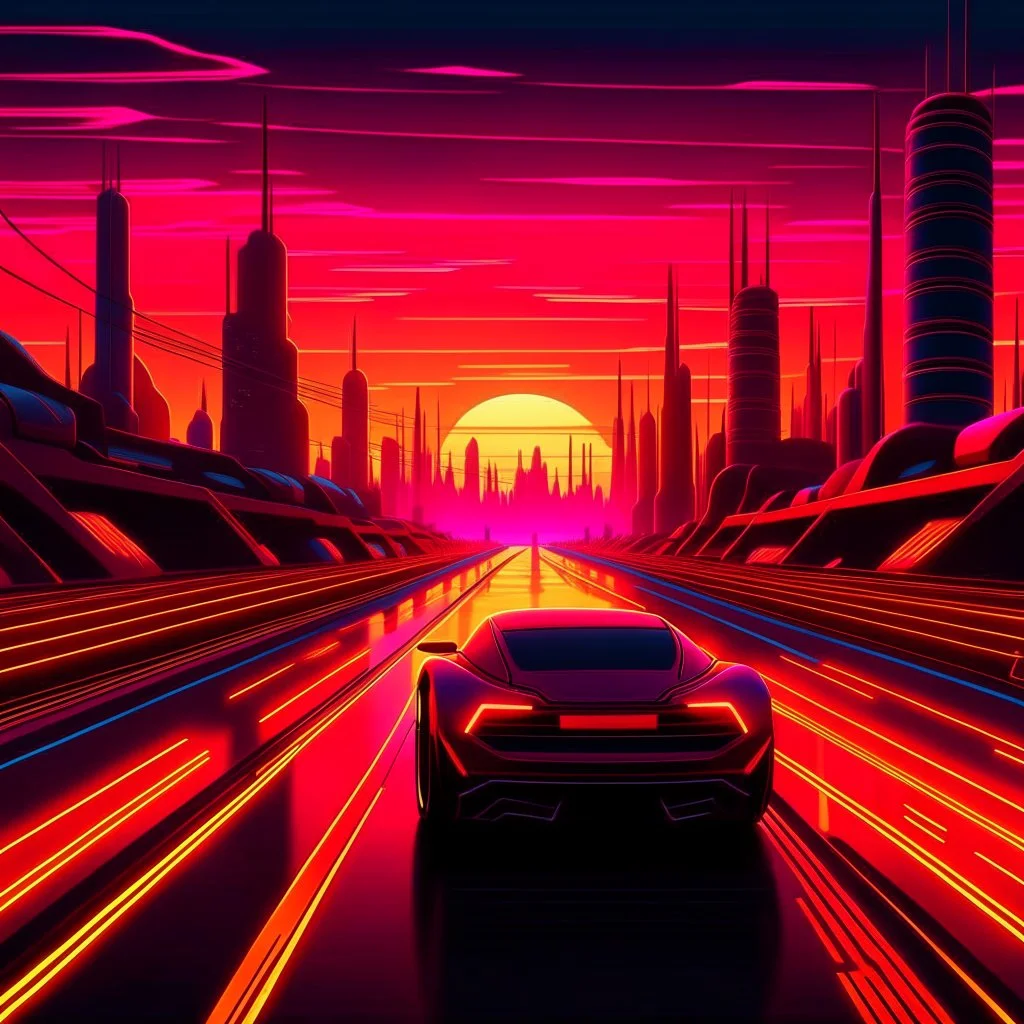 A cinematic photo of Sunset Drive, bathed in warm, neon-lit hues, evoking the nostalgia of Retrowave and 8Bit eras, with bold, geometric shapes and vibrant, electric colors, set against a backdrop of a fiery, synth-heavy sunset, with sleek, futuristic cars speeding by, leaving trails of light, amidst a futuristic cityscape, infused with a sense of retro-futurism, and a hint of digital glitch, with bold, contrasting highlights and deep, rich shadows, capturing the essence of Synthwave's retro-uto