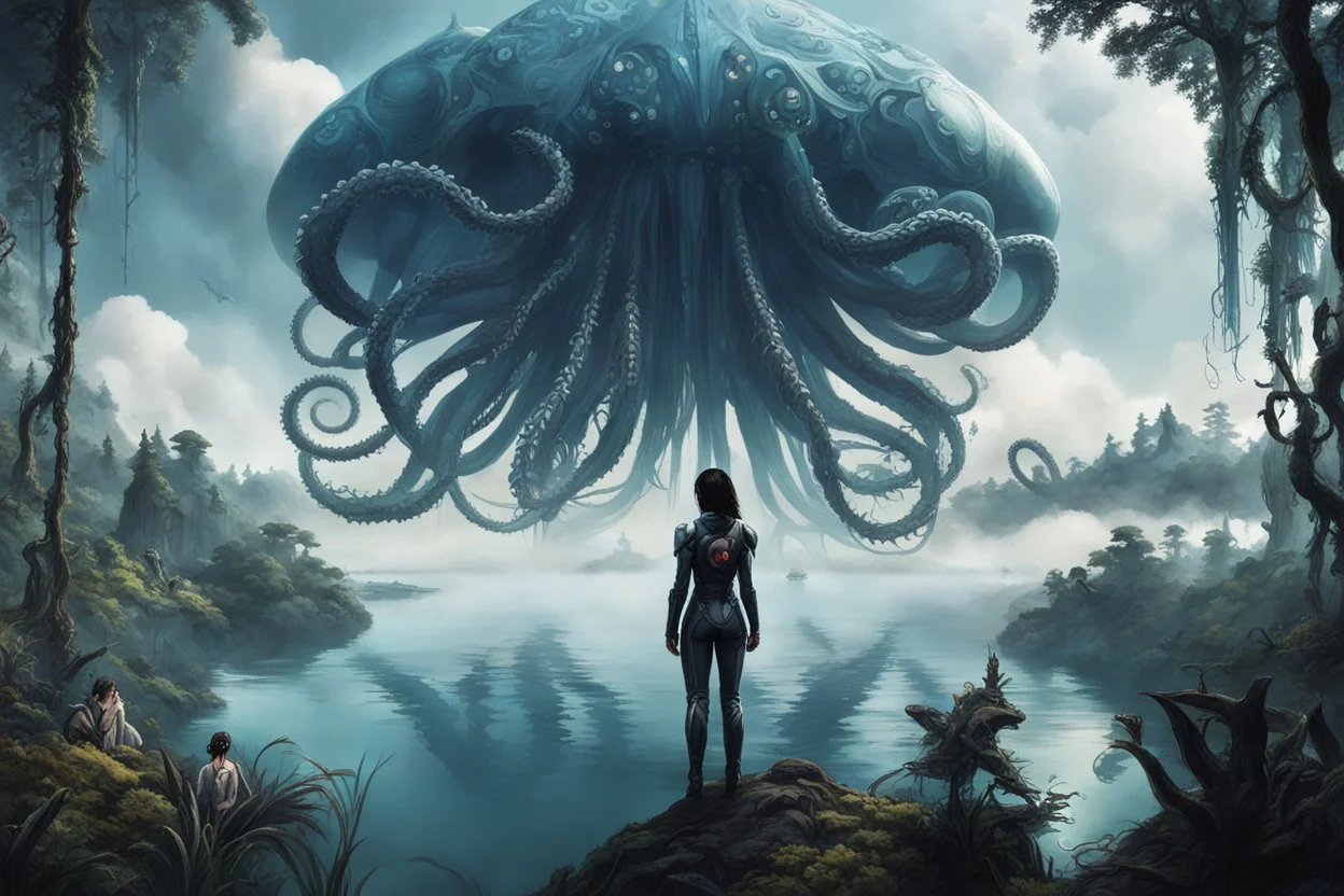 A woman with dark hair, in an android suit, looking out over a lake, in an alien forest, with tall cloud trees, flying Portuguese men of war with octopus tentacles