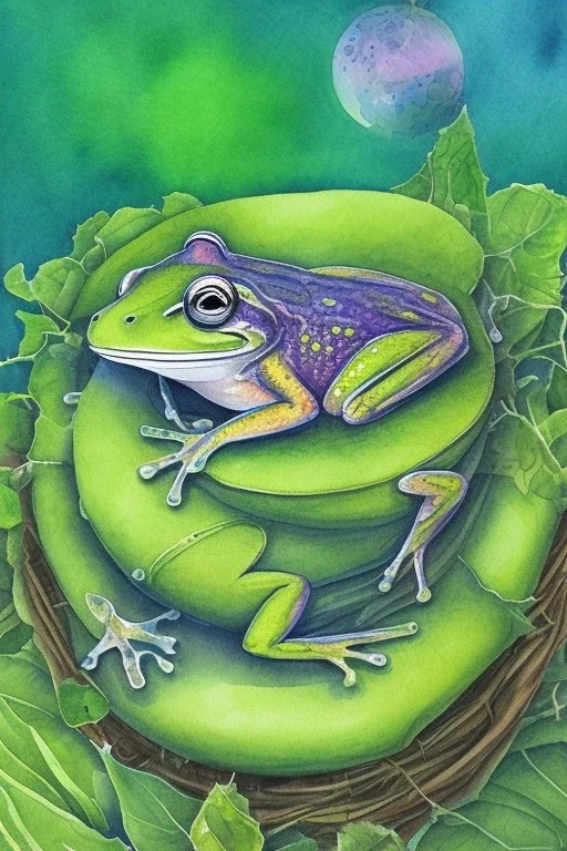 Cute frog sleeping in a bed. Children's books. Watercolour