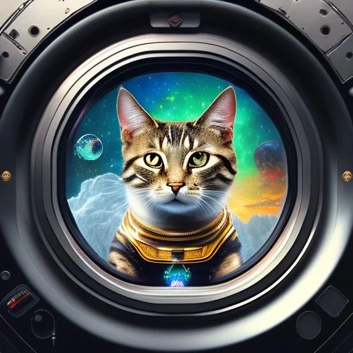 hyper-realistic spaceship interior with a cat looking through porthole at milkyway, floating astronaut in suit behind cat, 8k resolution, high-quality, fine-detail, detailed matte, intricate, 3D octane render, illustration, digital art, brian froud, howard lyon, anna dittman, greg rutowski,