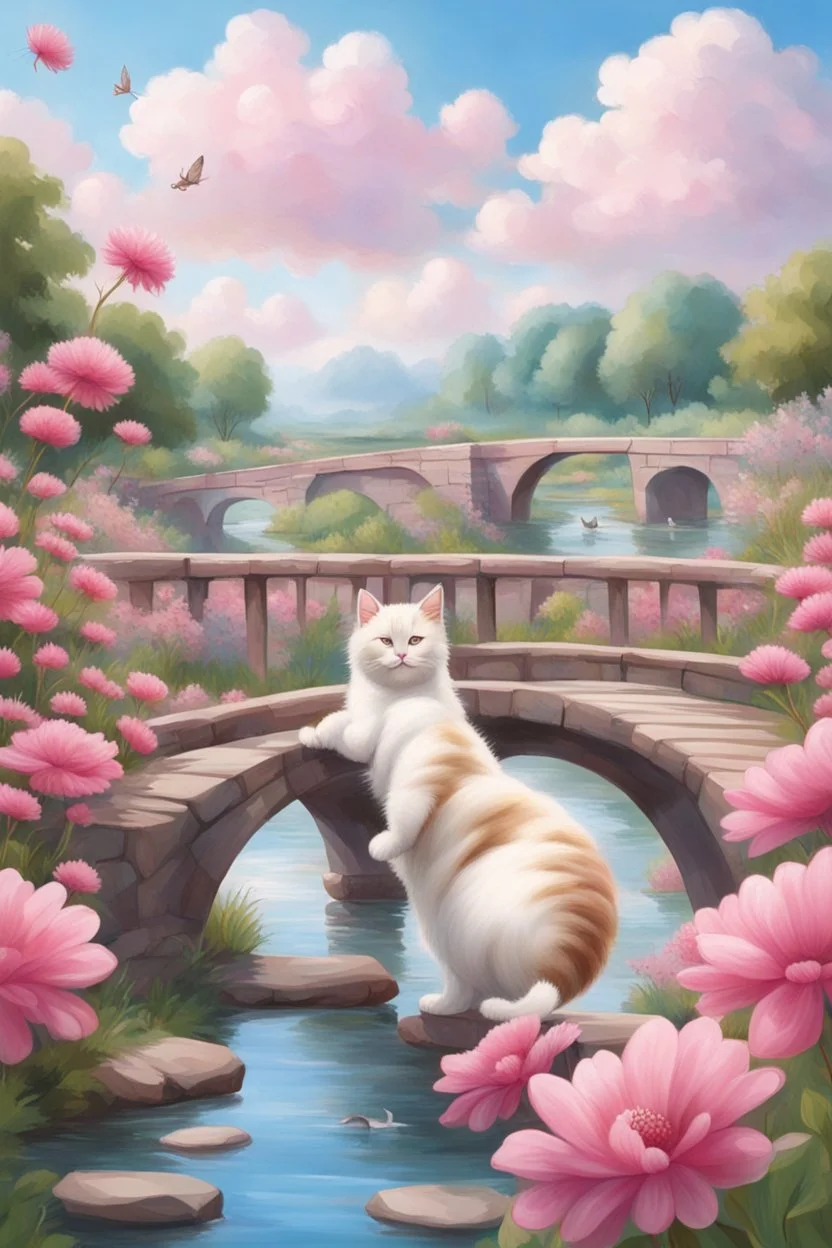 in the center: beautiful chunky cats dancing on a bridge , background: landscape, first plan: pink flowers and a small river with blue water, sky: white clouds with more cats sitting on them