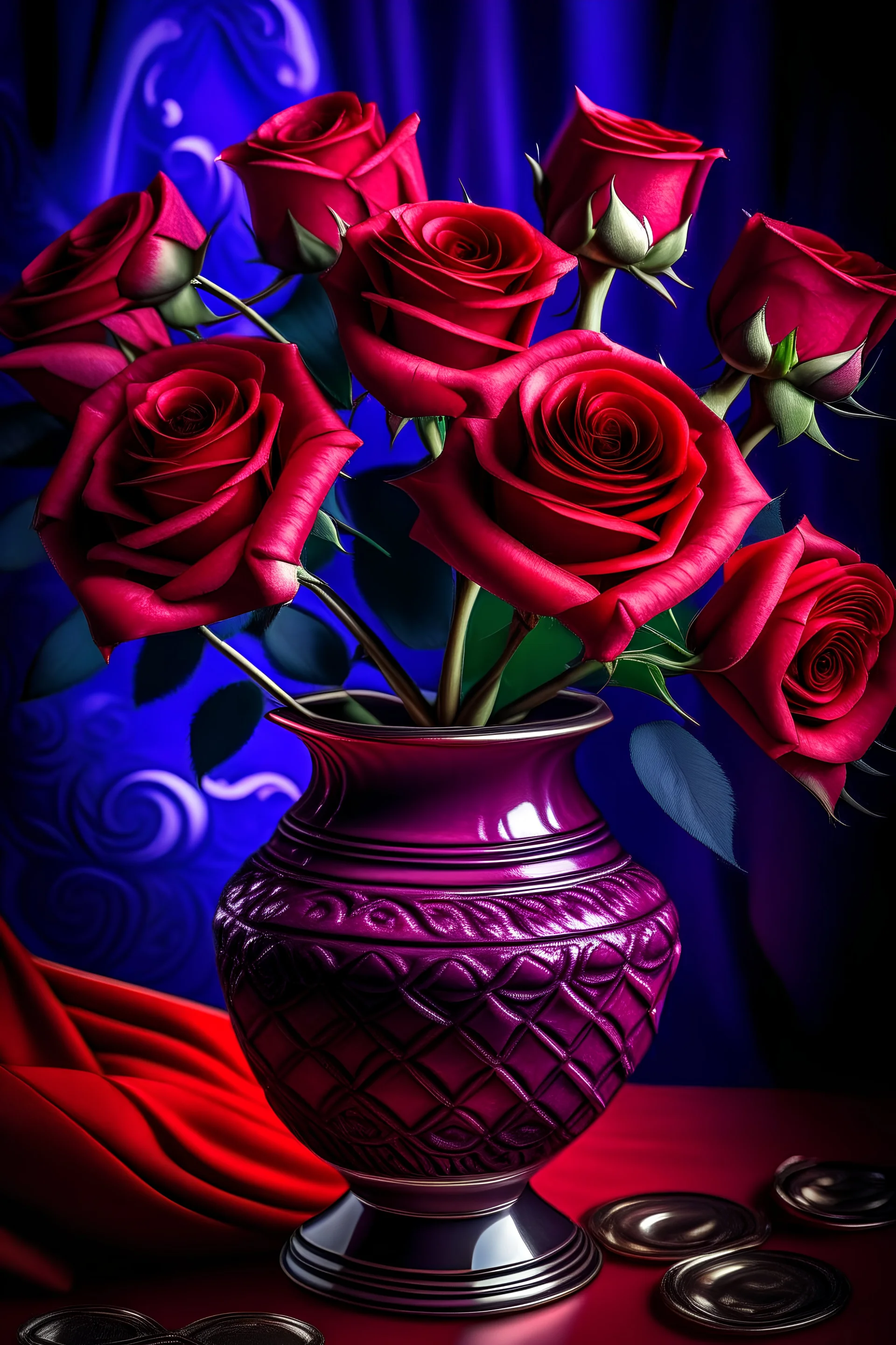 red roses in a purple vase