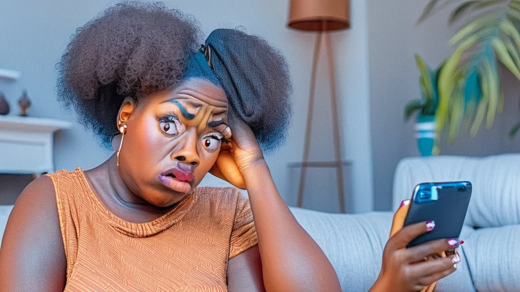 baffled black lady at home holding cellphone