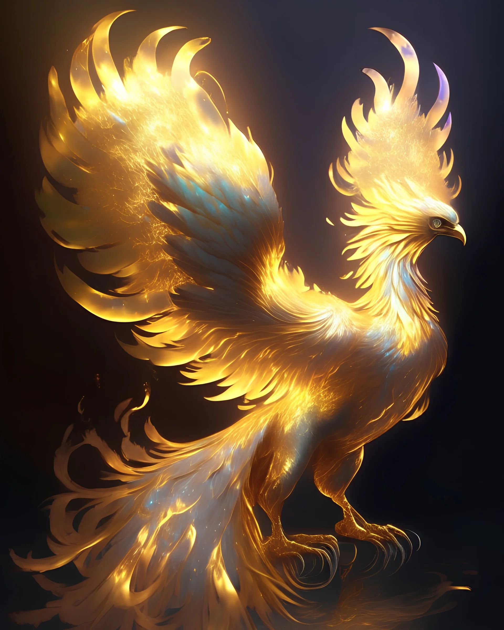 A golden phoenix with an iridescent plumage that emits a warm, shimmering glow, symbolizing rebirth and renewal.
