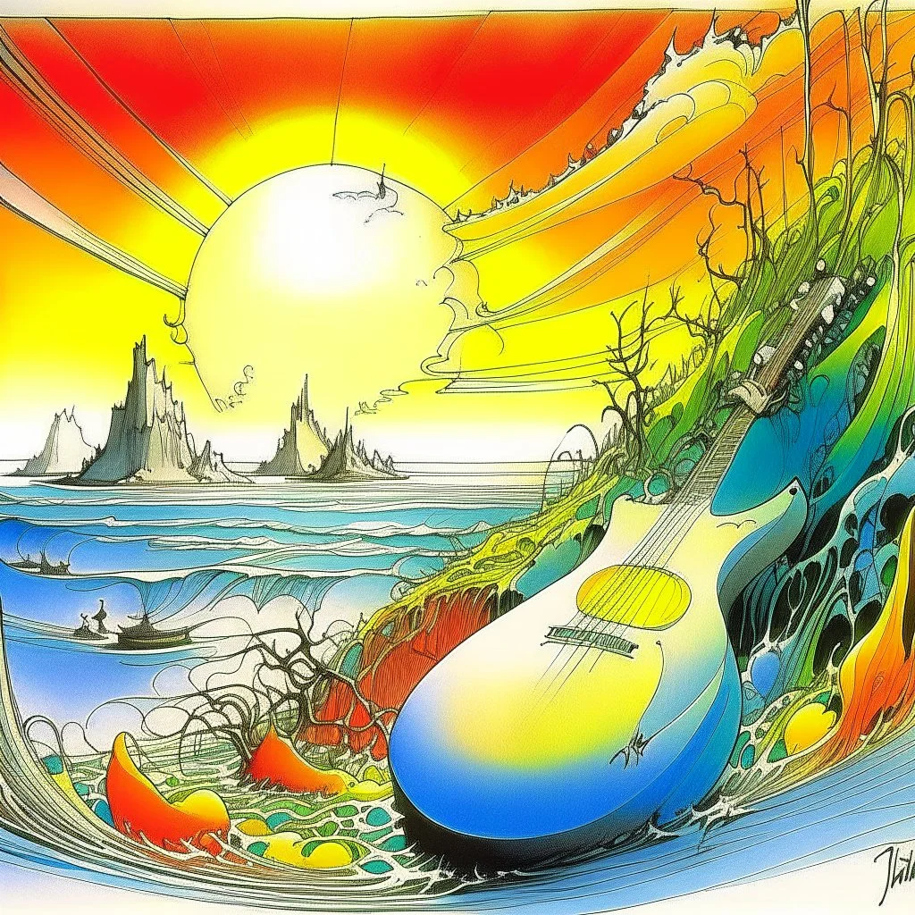 What did you dream? It's all right, we know what you dream, mean guitar, neo surrealism, by Gerald Scarfe, color pen illustration, sharp smooth composition, god rays.