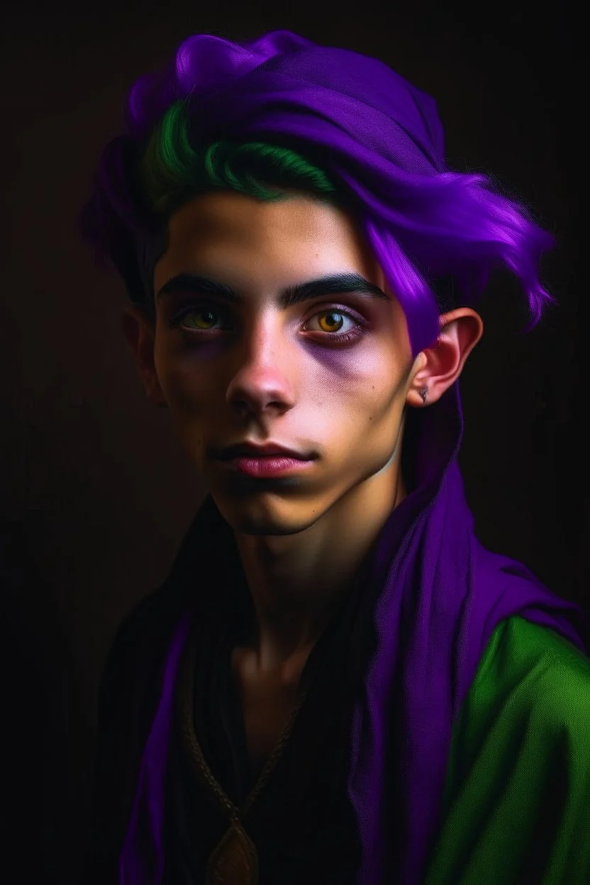 A portrait of a young elf, a wizard, purple hair, Caravaggio style