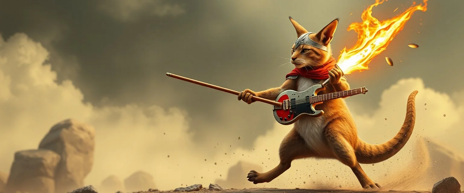 master shaolin cat kangaroo knight jousting with a bubbly rocket guitar