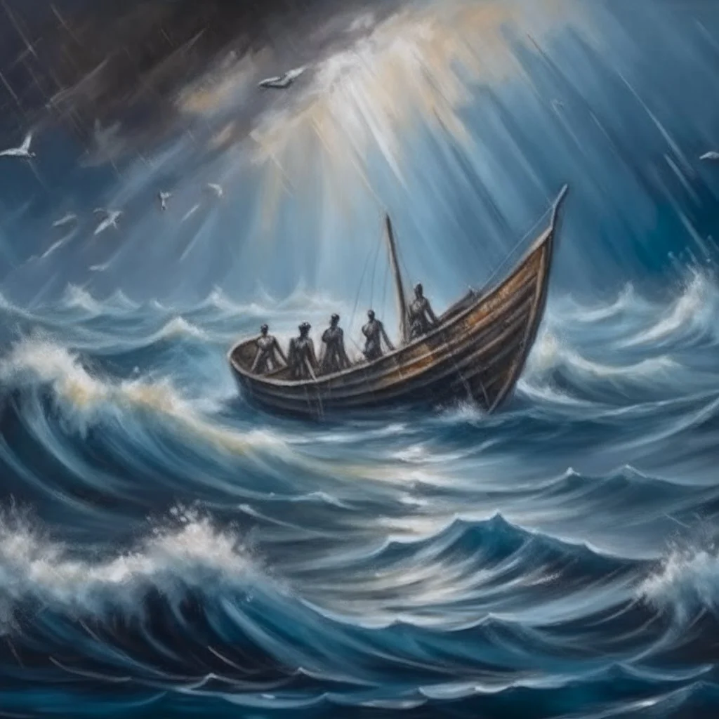 impressionistic matte oil painting, a small lifeboat in the middle of the Pacific ocean full of haggard survivors, stark dramatic picture, shark fins circling, dramatic, detailed, dynamic composition, moody