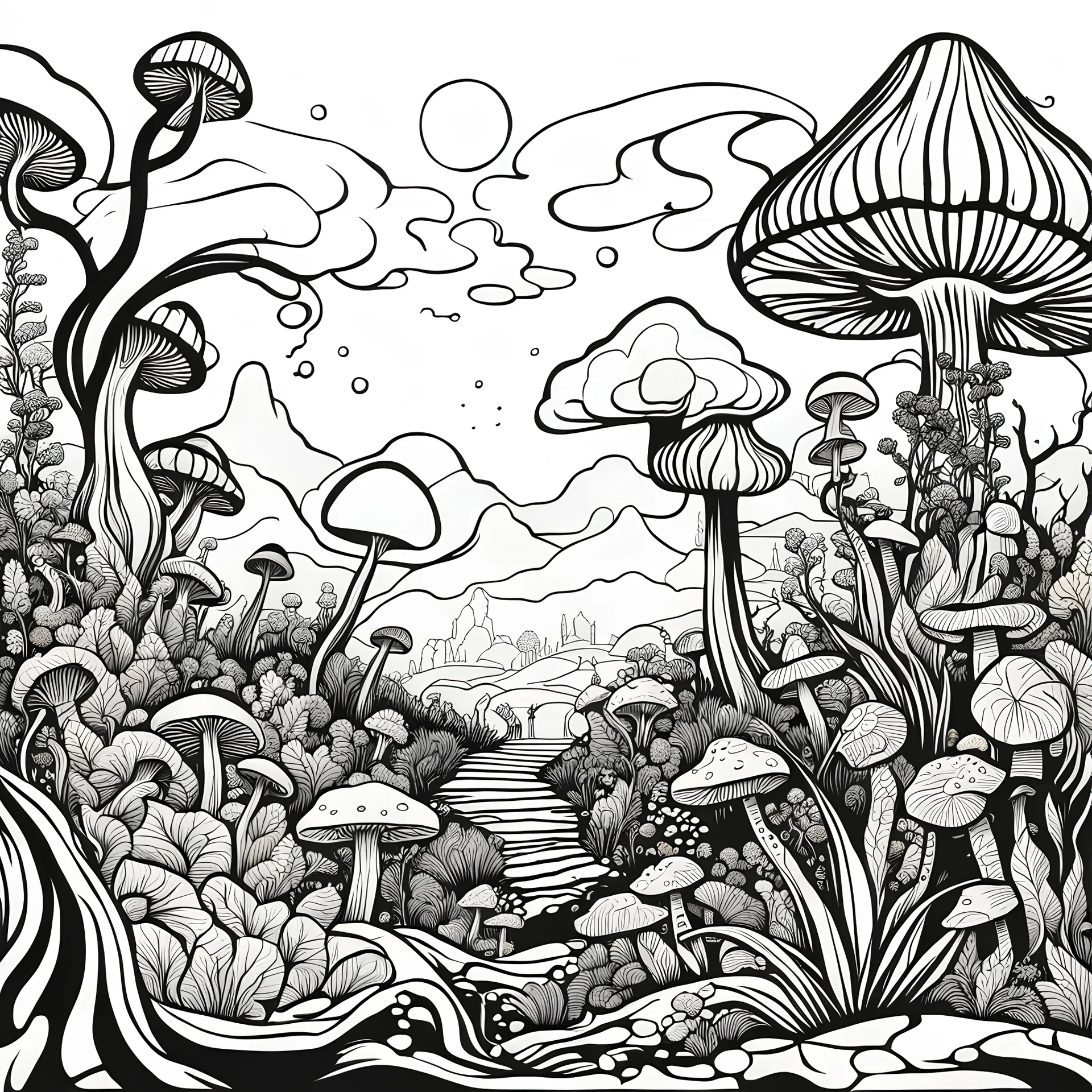 create a realistic strange fantasy landscape with bold lines and strange plants and mushrooms, black and white, high contrast, black outline, realistic in the style of line art, in the style of coloring book, clear white sky, white background, line ART