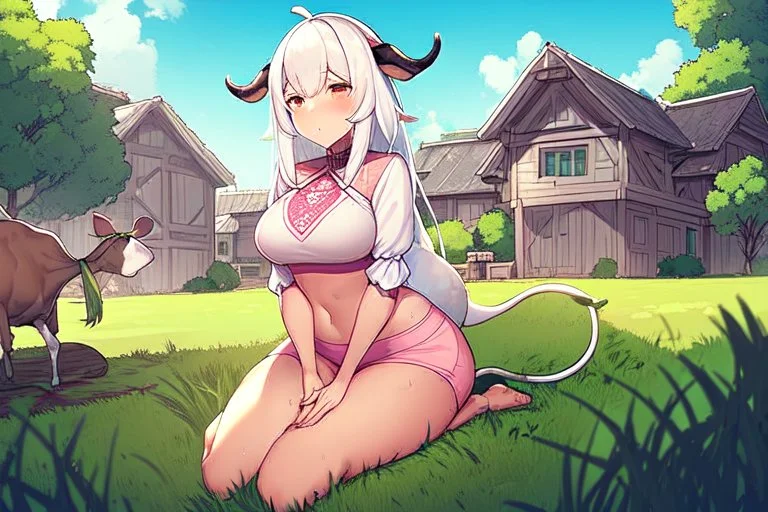 Farm, green grass, house, girl,white hair , sit on grass, cow's tail, cow's horne , cow's under, pink stomach, sweats