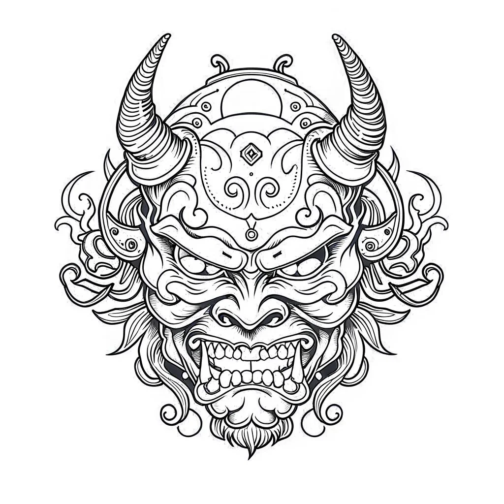 White, minimalis line art , oni mask japanes funny , vector, white background, outline, with images neatly contained within the background, just black and white color, tatto style.