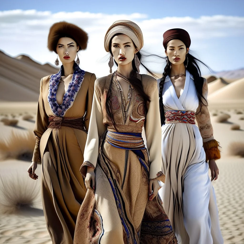Female fashion models in the Gobi Desert.