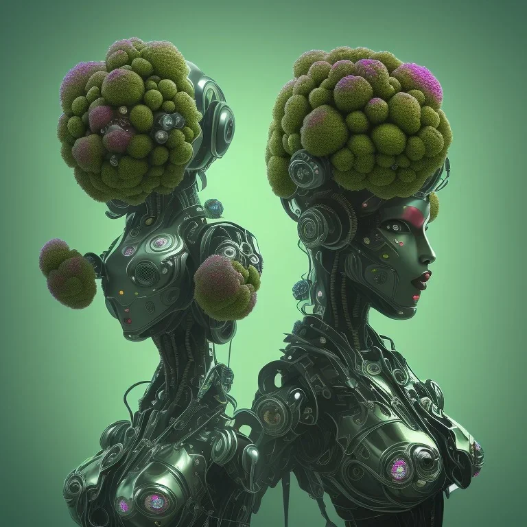 and the winner of the 'most hilarious punk robot' title is: a beautiful full frame portrait digital painting of futuristic broccolipunk robot, wide angle view, extreme close-up, macro lens, centered camera, titanium accents, intricate details, colorful, 8k, least ambient occlusion, volumetric lighting, volumetric clouds