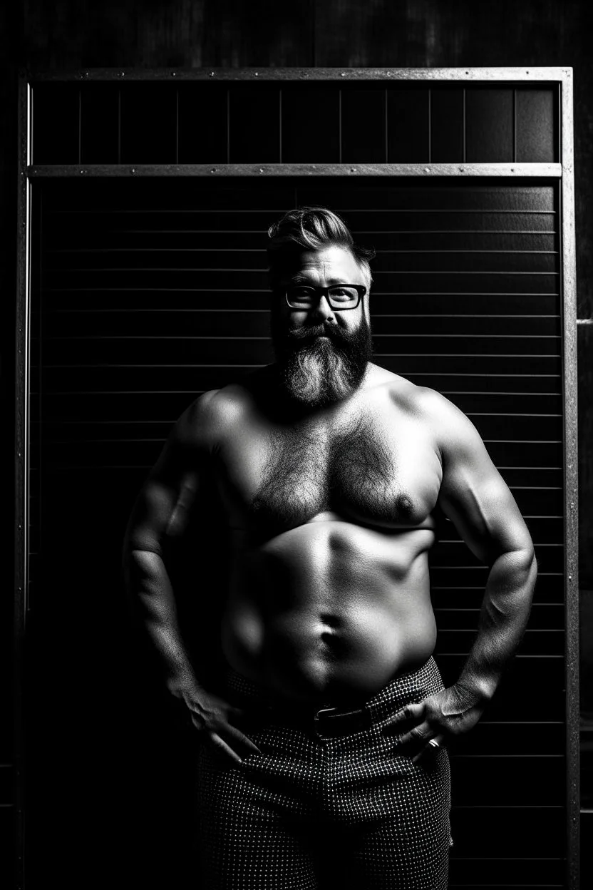 half figure shot photography of a turkish bearded chubby shirtless barechested 44 years old professor in thick glasses, big shoulders, manly chest, standing by completely writed blackboard , front view from the ground, photorealistic, ambient occlusion, side light