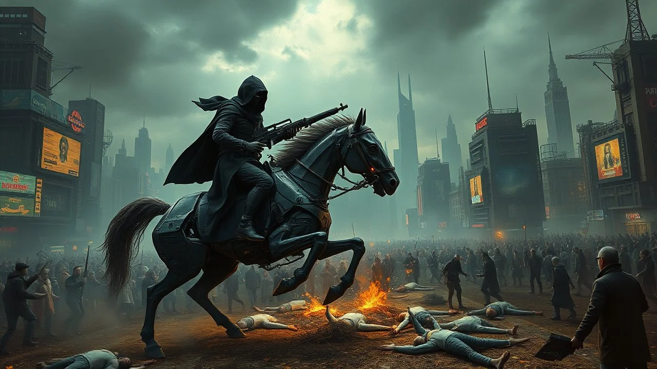 cyberpunk interpretation of Bruegel's "The Triumph of Death", capturing the symbolic "harvest" of humanity. this is terror. A dystopian metropolis under smog sky, where cybernetic soliders reapers are executing physical harvest and many of humans citizens killed army of cyberwarrior androids and robotic, many panicking running people, many bodies lying on the ground. a cyber-death warrior in black hood with futuristic gun on an mechanical robotic horse, thriller, detailed, cinematic
