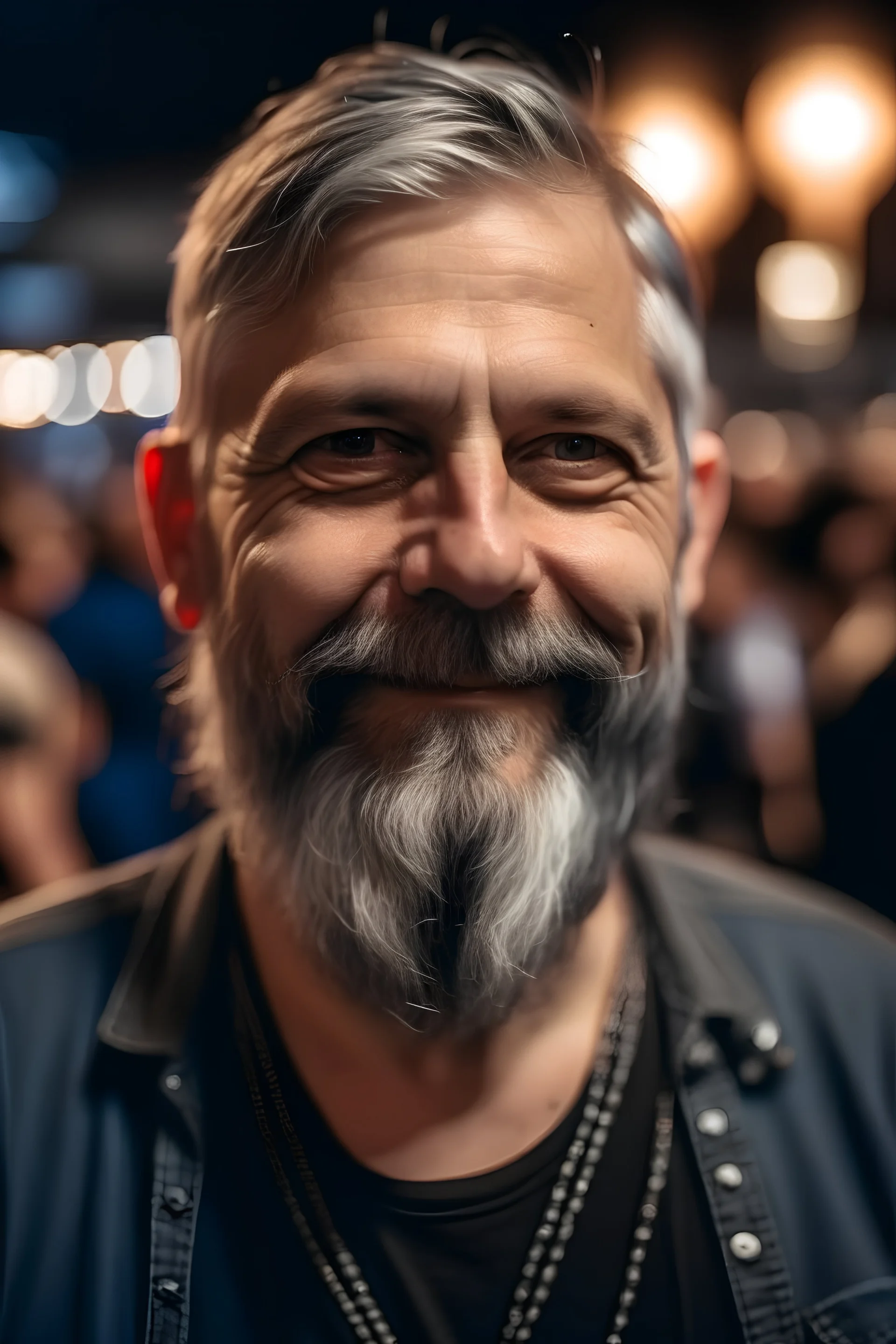 nice looking middelaged man with grey short beard attending a heavy metal concert