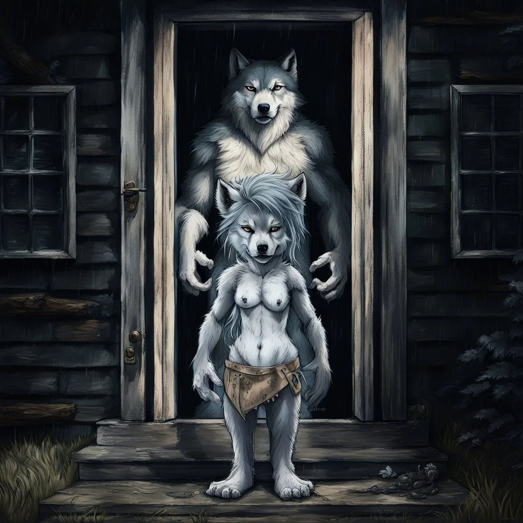 fantasy digital art of crying young female anthro wolf in gray hairy wolf body and wears just a short canvas rag around her waist , sadly crying face stands in the rain front the door, behind her an tall angry anthro dark hairy wolf man standing behind in rustic halb open door in an massive wooden house, deep colors, rainy day, detailed, anthropomorphic creatures, fantasy, sci-fi mood