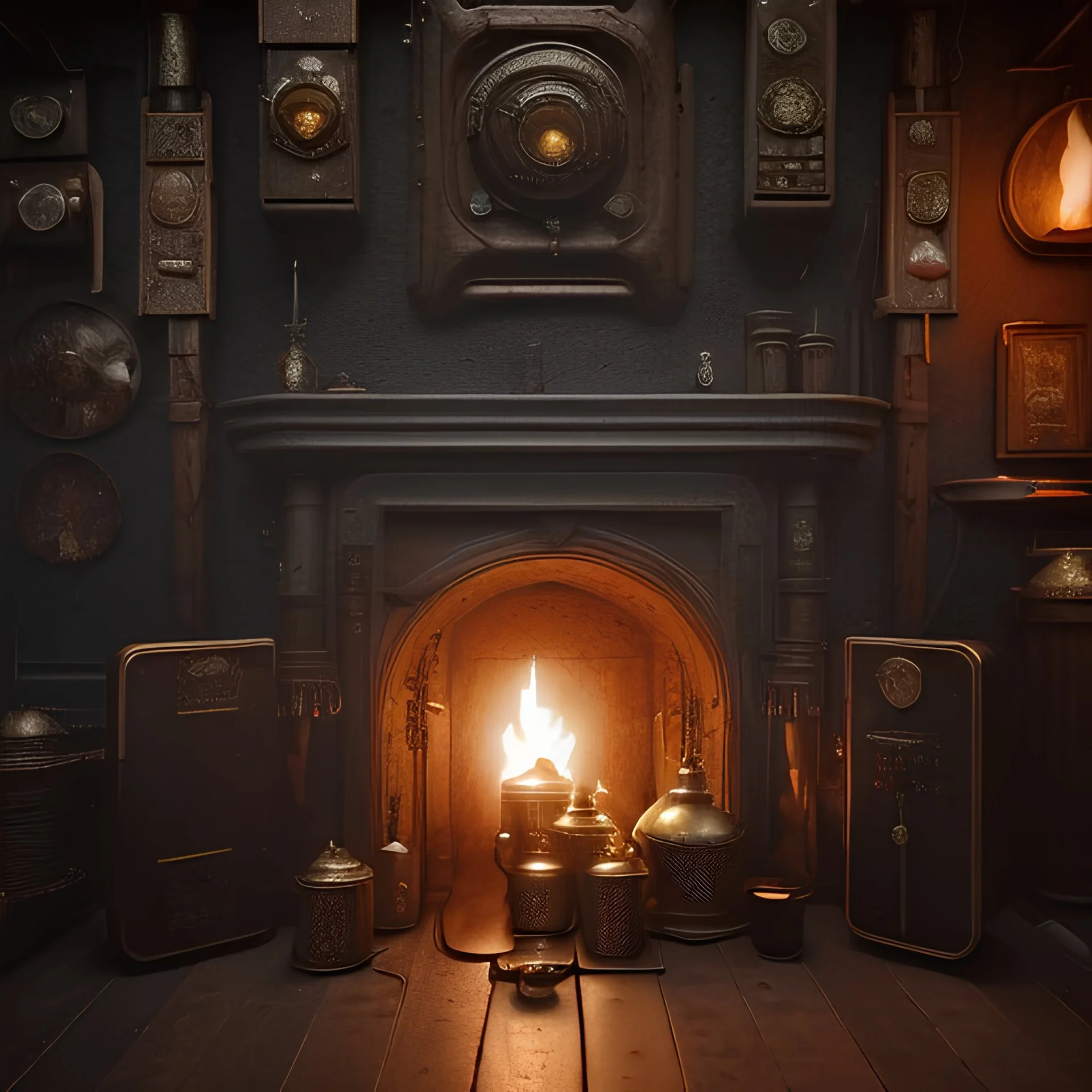 an viking fire place in old house, scary, steam punk, realistic, made in octane, cinematic, ultra-realistic, extremely detailed octane rendering, 8K, VRAY Super Real ar 2:3, dof photorealistic futuristic 50mm lens hard lighting dark gray tintype photograph, realistic lighting, sepia color