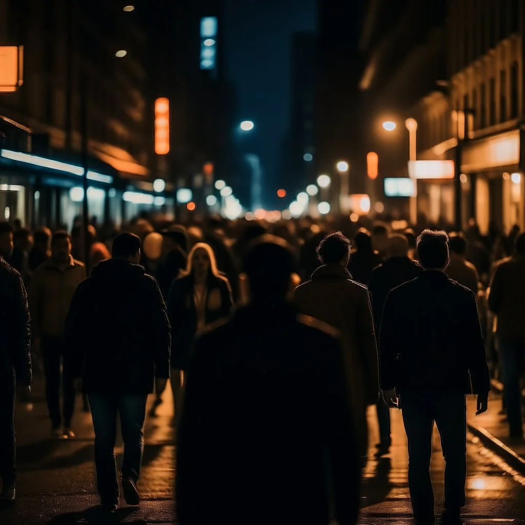 dark city at night, lots of people, blurred, focus on one person in the middle