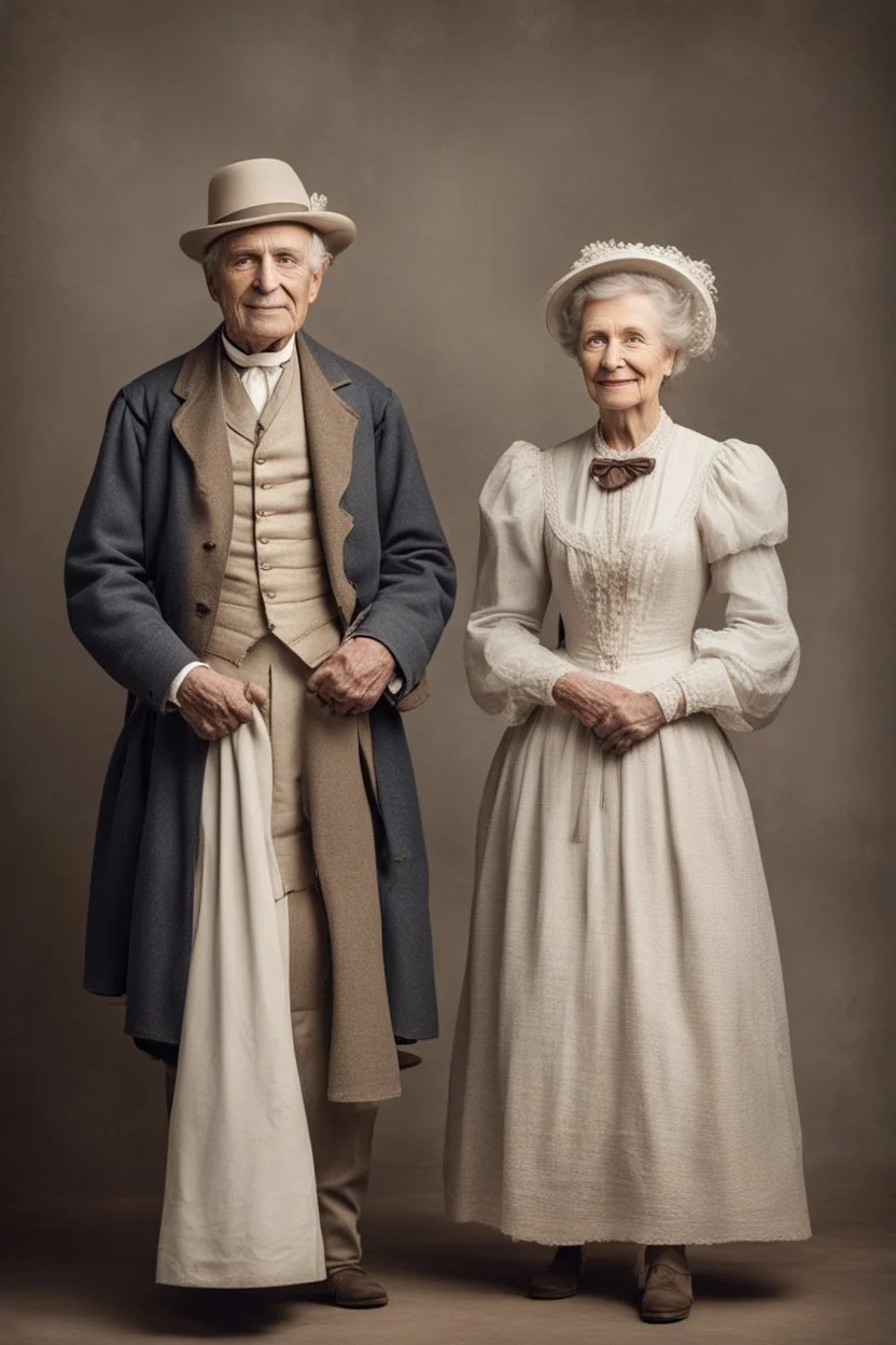 elderly married couple dressed in simple 19th century attire