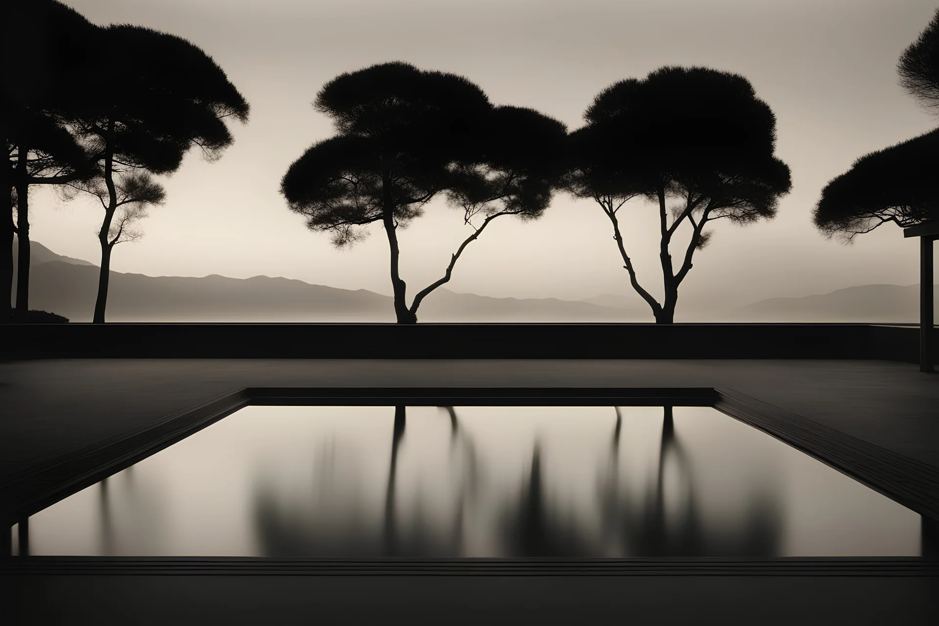 Hiroshi Sugimoto photography , a serene scene with a minimalist composition, subtle gradations of light, and a captivating interplay between the ephemeral and the eternal --ar 16:9 --s 70 --c 2