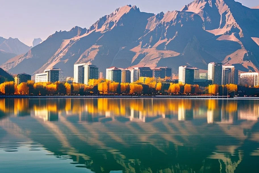 Sunny day, modern city, lake, lake reflections, people, mountains