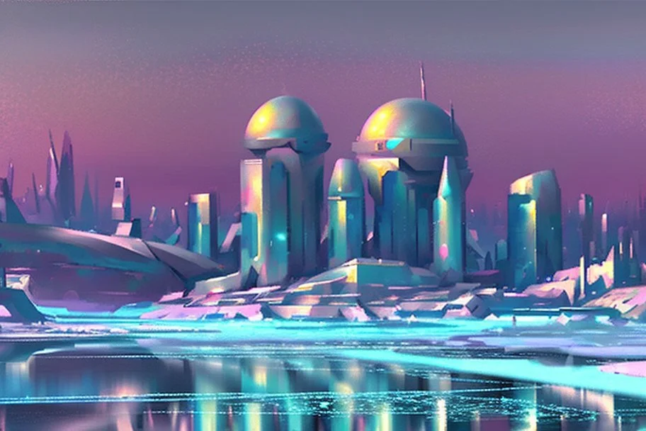 Science fiction city near frozen lake, impressionism painting