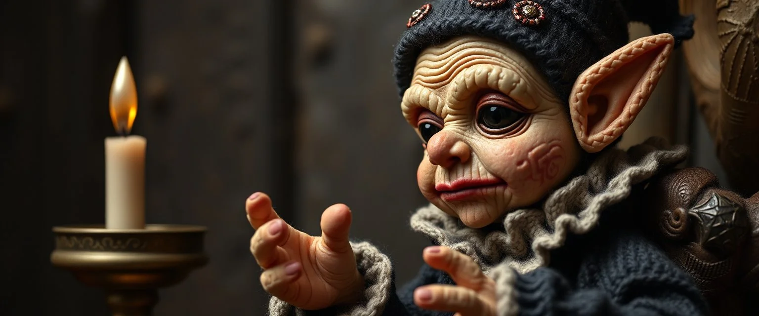 pin hole picture, miniatures on fake scene,master oil painting by Rembrandt, good afternoon bitch scary dark elf character aged matron malice talking to illithid, close up portrait of a stupid knitted doll trying to explain something weird,