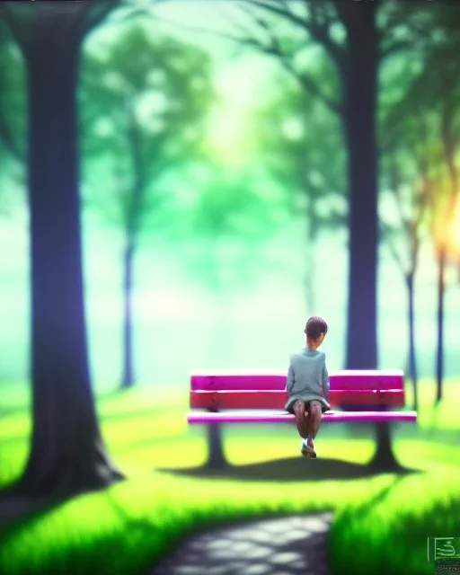 park mystical dream, park bench, man, woman, child, dog, trees, path, bird, sunshine, mystical, fantasy, romanticism, pastel colors, daylight, daytime, acrylic painting, detailed, soft focus,