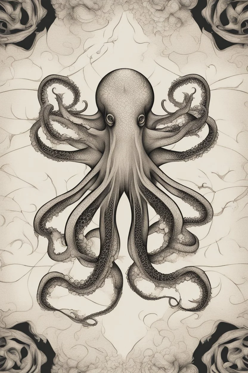 Create a captivating modern 2d ink tattoo design for print , prestigious (Sacred Octopus) using the elegant influences of japan art style, for print, dynamic elements from fashion and design, and bold Japanese contemporary art aesthetics, framing centered in the center, distanced from the edges of the paper perimeter, perfect anatomy, bauhaus, Divine Proportion,