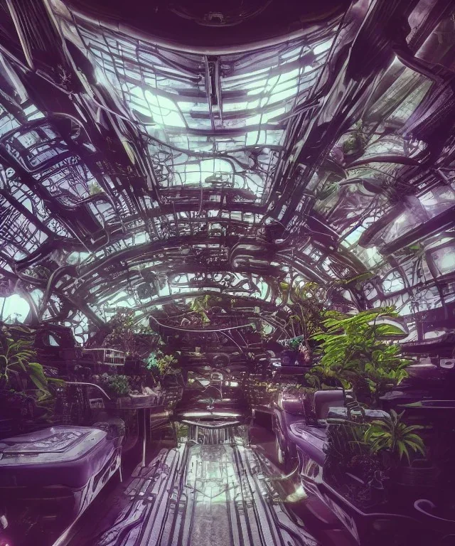 Inside a futuristic steampunk space ship with plants