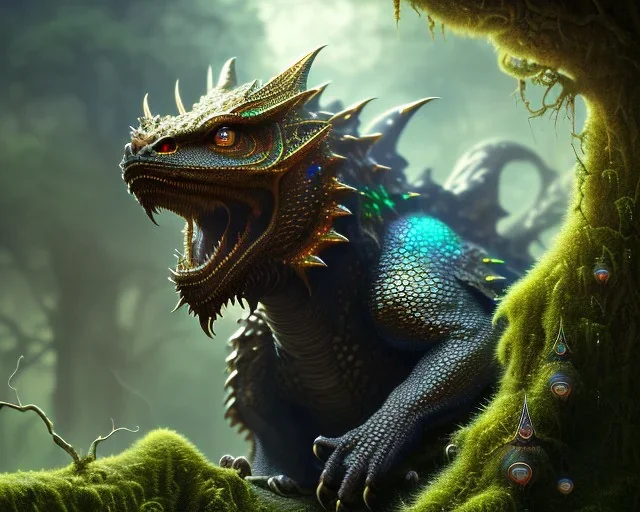 mdjrny-v4 style, photorealistic dragon, sharp scales, insanely detailed, symmetrical glowing eyes, intricate, bright iridescent highlights, art nouveau, volt lighting, atop a mountain crag, ultra high definition, NVIDIA Iray render, volumetric illumination, by argerm inspired by Tod Lockwood and Bob Eggleton, black dragon